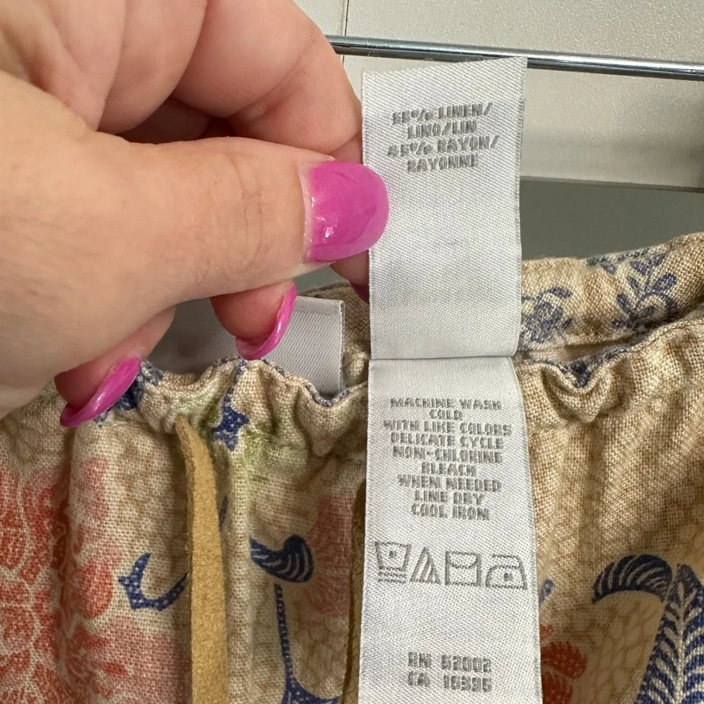 Cottagecore Linen Rayon Maxi Skirt Womens 4P Tan Floral Beaded Beach Vacation